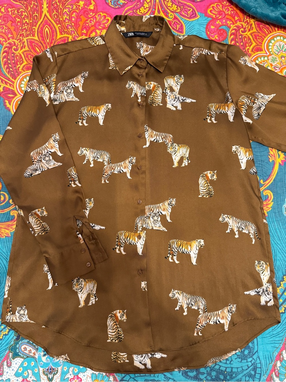 Women’s Zara Blouse, Golden-Brown with Tiger Print, Medium